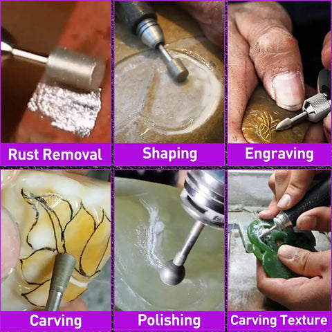 Diamond Grinder Bits Kit 46 And 120 Grits One Eighth Inch Shank 42 Piece Stone Carving Drill Bits in use for engraving and polishing.