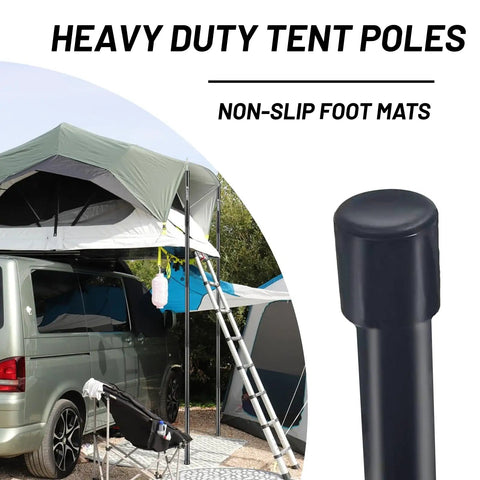 Beefy Heavy Duty Tent Poles for Tarp Adjustable 75 Inch Camping Poles 0.65 Inch Diameter with tent setup on vehicle