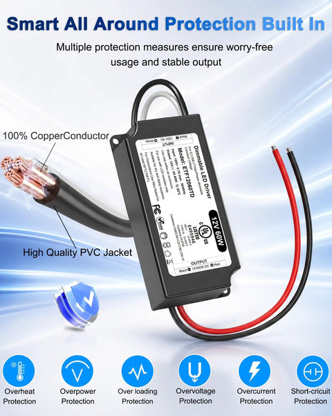 Heavy-Duty 12V LED Driver 60W Power Supply For LED Strip Lights, UL FCC Listed Class 2 Triac ELV MLV Dimming, 120V AC To 12V DC Transformer, Fully Compatible With Lutron And Leviton Dimmers. Black enclosed driver with red and black wires