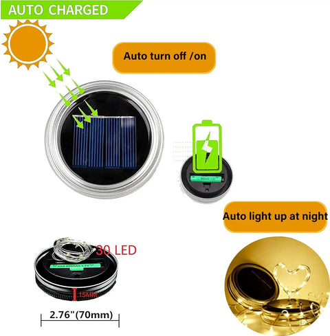 Solar Mason Jar Lid Lights With 30 Warm White LEDs, Waterproof Outdoor Fairy String Lights On 3.3 Ft Wire, Hangers For Regular Mouth Jars, No Jars Included, Energy Saving Garden Patio Decor For Chill Nighttime Vibes, showing solar panel and LED wire.