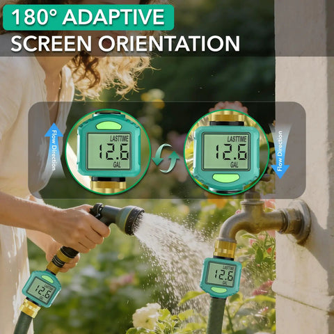 Water Flow Meter With 180 Degree Flip Screen For Outdoor Garden Hose RV And Irrigation, Brass Inlet, Waterproof LCD Display