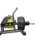 Powerful 18V Cordless Drain Auger Kit With 50 Ft Reel, 2Ah Battery, Charger displayed from the side, highlighting the pivoting drum.