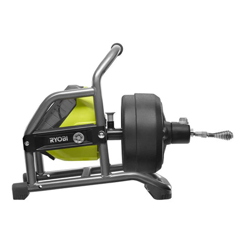 Powerful 18V Cordless Drain Auger Kit With 50 Ft Reel, 2Ah Battery, Charger displayed from the side, highlighting the pivoting drum.