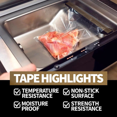 Heat Resistant PTFE Glass Cloth Tape for Vacuum Sealer Machines sealing food, highlighting temperature and moisture resistance.