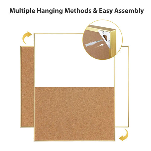 Cork Board Whiteboard Combo With Magnetic Dry Erase Surface And Gold Frame, 24 By 18 Inch Vision Board showing hanging method