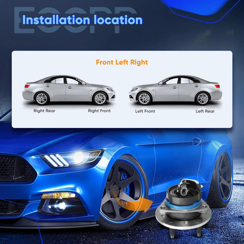 Front Wheel Hub And Bearing Assembly Set 513137 For Chevy Malibu Classic Pontiac Grand Am Oldsmobile Alero Cutlass 1997 2005 With ABS 5 Lug Front Left Right Axle Compatible Replacement Kit installation diagram next to a car.