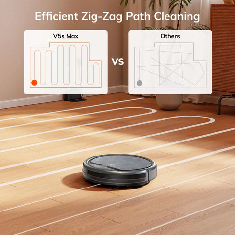 V5s Max Robot Vacuum With Beast Mode 4000Pa Suction Gyroscope Navigation on hardwood floor showing zig-zag path vs others