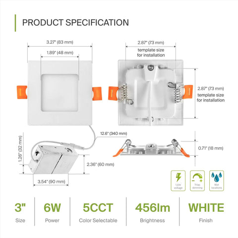Product specification of 12 Pack 6 Inch LED Square Recessed Lights With 5 CCT Options, showing dimensions and features