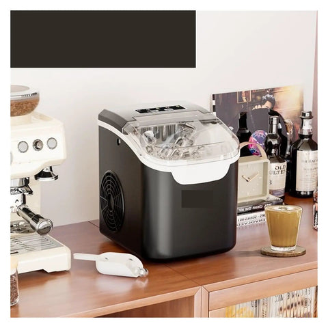 Countertop Ice Maker Portable Bullet Machine Makes Fresh Ice In Minutes on a wooden countertop next to a coffee machine.