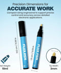 Solder Flux Pen 10 Ml No Clean Liquid Flux For Electronics with measurement details and tip close-up displayed on packaging.