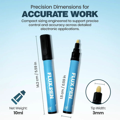 Solder Flux Pen 10 Ml No Clean Liquid Flux For Electronics with measurement details and tip close-up displayed on packaging.