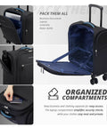 Underseat Carry On Luggage With Wheels 14 Inch Softside Spinner Travel Bag in Black showing organized compartments and easy access pockets.