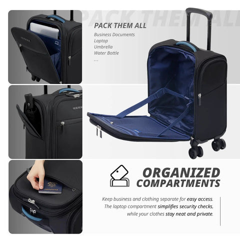 Underseat Carry On Luggage With Wheels 14 Inch Softside Spinner Travel Bag in Black showing organized compartments and easy access pockets.