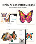AI-generated butterfly designs displayed on phone screen with Cutting Machine 2 By HTVRONT 5 In 1 Vinyl Cutter interface