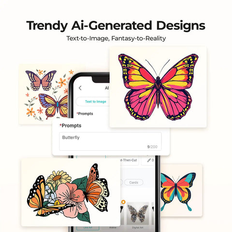 AI-generated butterfly designs displayed on phone screen with Cutting Machine 2 By HTVRONT 5 In 1 Vinyl Cutter interface