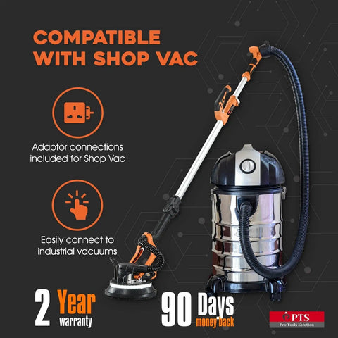 Electric Drywall Sander With Dust Collector Bag And Vacuum Attachment Pro Grade DIY Power Tool adjacent to a shop vac