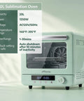 Huge 20 Liter Sublimation Oven For Mugs Tumblers And Bottles Featuring Hella Smooth One Touch Auto Bake Mode side view with specifications.
