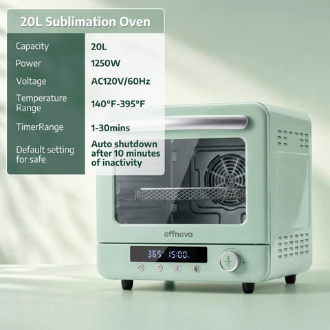 Huge 20 Liter Sublimation Oven For Mugs Tumblers And Bottles Featuring Hella Smooth One Touch Auto Bake Mode side view with specifications.