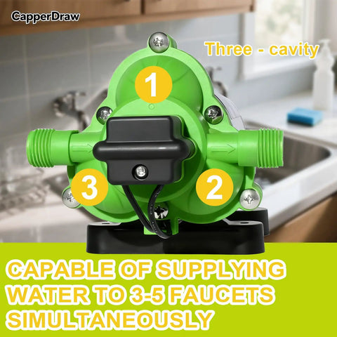 110V AC Self Priming Diaphragm Water Pump 4.0 GPM 50 PSI with three cavities, designed for 3-5 faucets usage.