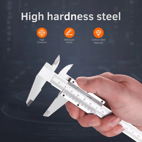 Hand holding six inch vernier caliper measuring tool with dual imperial and metric scale, fractional inch readout, high hardness steel.
