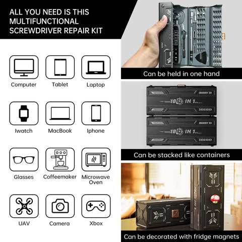 Electric Cordless Precision Screwdriver Kit 180 In 1 With Magnetic Bits set shown with icons and compact storage