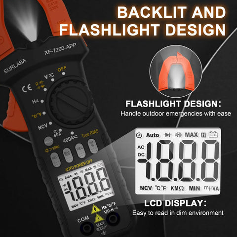 Bluetooth Clamp Meter For Electricians And DIY Projects TRMS 6000 Counts with flashlight and backlit LCD display
