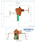 Skyfort II Cedar Wood Swing Set dimensions with wave slide, raised clubhouse, monkey bars, and ladder detailed view