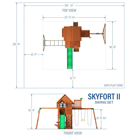 Skyfort II Cedar Wood Swing Set dimensions with wave slide, raised clubhouse, monkey bars, and ladder detailed view
