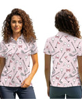 Women’s Moisture-Wicking Golf Polo Shirt And Visor Set, front and back view, pink with themed print, worn by a model.