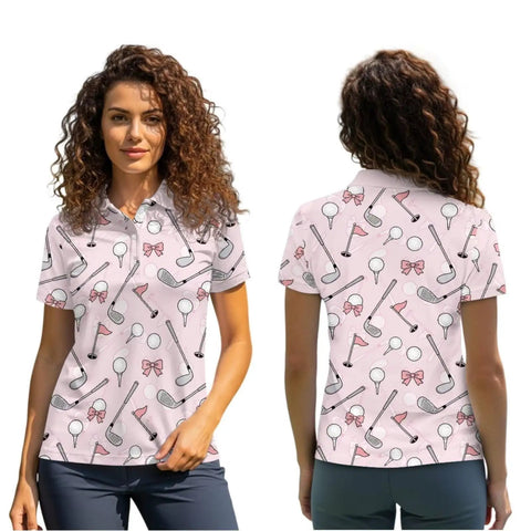 Women’s Moisture-Wicking Golf Polo Shirt And Visor Set, front and back view, pink with themed print, worn by a model.
