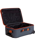Rockland expandable softside upright luggage, charcoal, open with black interior and orange accents