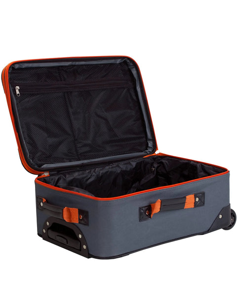 Rockland expandable softside upright luggage, charcoal, open with black interior and orange accents