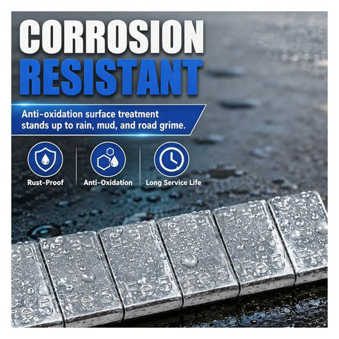One Sixth Oz Adhesive Wheel Weights, Low Profile Sticky Tire Balancers For Cars Trucks SUVs And Cycles, Heavy Duty Iron 24 Pack on wet surface.