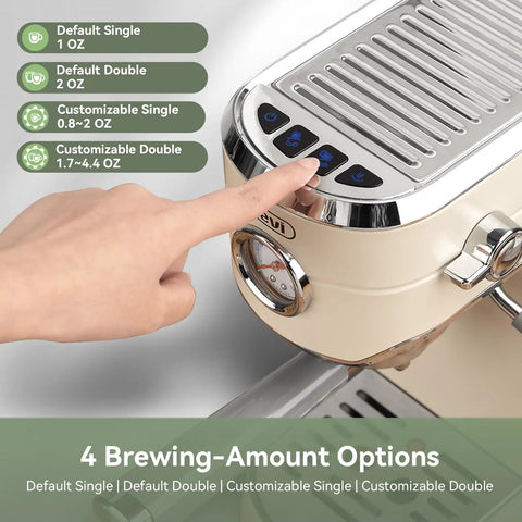 Top Shelf 20 Bar Espresso Machine With Built In Conical Burr Anti Static Grinder For Rich Crema And Powerful Milk Frothing System For Real Deal Home Barista Setup, showcasing brewing options.