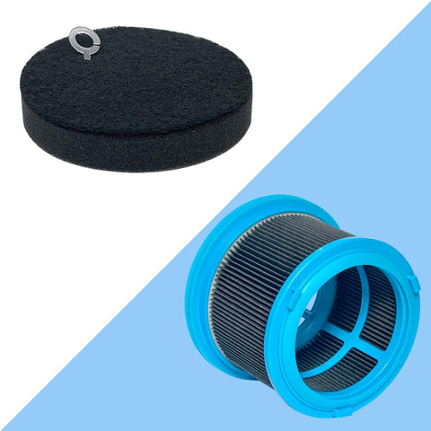 HEPA Vacuum Filter Kit Replacement For PowerClean FurGuard 280W And FurFinder 200W Self-Standing Cordless Vacuum, Includes 2 Filters And 4 Pre-Filter Pads, Easy Fit, Pet Hair And Dust Reduction. Close-up of pre-filter and HEPA filter on blue and white background.