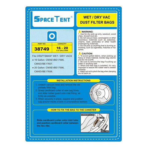 Label for Six Pack Vacuum Bags Replacement For 16 To 20 Gallon Shop Vacuums Heavy Duty Dust Bags That Fit Craftsman Wet Dry Vacs