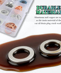105Piece Car Oil Drain Plug Gasket Set With M10 To M20 Crush Washers in oil, showing aluminum copper materials.