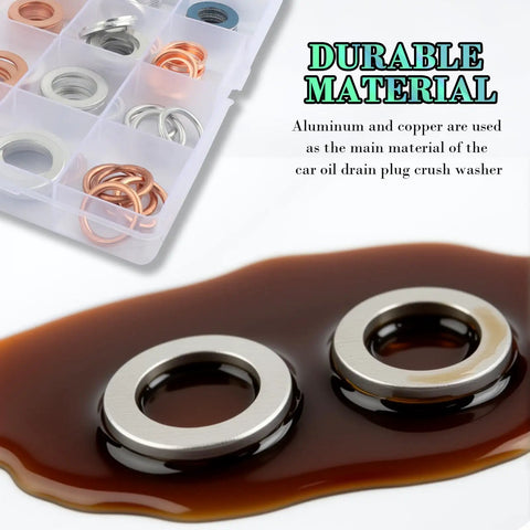 105Piece Car Oil Drain Plug Gasket Set With M10 To M20 Crush Washers in oil, showing aluminum copper materials.