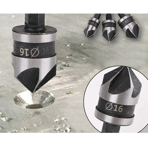 Three Piece Countersink Drill Bit Set With 82 Degree Angle, 3 Flutes, Pro Grade Quick Change Hex Shank, metal use example