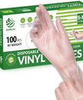 No Fuss Disposable Vinyl Gloves Latex Free And Powder Free Food Safe Kitchen Cooking Essential Sweet Fit Pvc Material Quick Wear With Killer Comfort For Home Or Restaurant Prep Tasks Every Day in clear packaging.