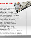 Heavy Duty 8x39 Inch Mini Metal Lathe With Brushless 1100W Motor For Woodworking specifications showing features and measurements.