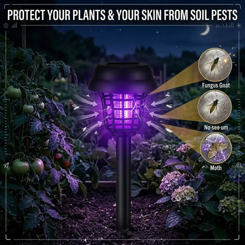 Solar Powered Outdoor Bug Zapper in garden at night with 365nm UV lure and 1000V grid active, protecting plants from insects.