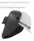 Side view of Tigerhood Classic Thermoplastic Welding Helmet With Speedy Loop Hard Hat Mount Gray Medium, attached to hard hat