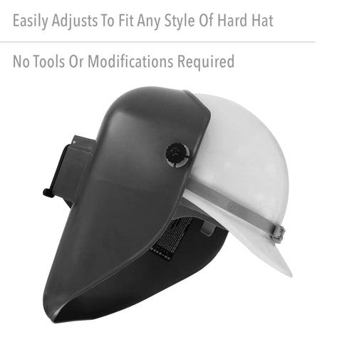 Side view of Tigerhood Classic Thermoplastic Welding Helmet With Speedy Loop Hard Hat Mount Gray Medium, attached to hard hat