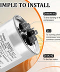 Heavy Duty RV Air Conditioner Capacitor 60 5 MFD Replacement close-up with terminals labeled for wiring