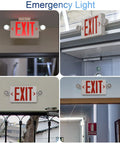Red Exit Sign With Emergency Lights Battery Backup UL Listed 120/277V in various indoor settings, showing visibility and installation.