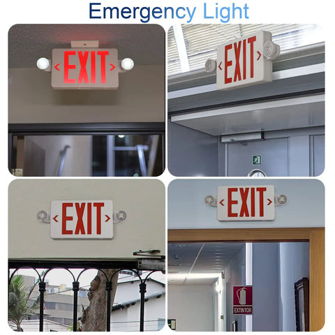 Red Exit Sign With Emergency Lights Battery Backup UL Listed 120/277V in various indoor settings, showing visibility and installation.