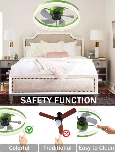 Super Quiet Modern Ceiling Fan With Dimmable LED Lights Remote Control Timing And Reversible Blades Low Profile Flush Mount Five Invisible Blades Green Finish For Living Room Bedroom Comfort