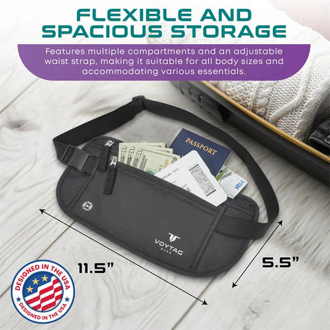 RFID Blocking Travel Money Belt And Passport Holder, Slim Wallet Fanny Pack for Men and Women with cash and passport inside.