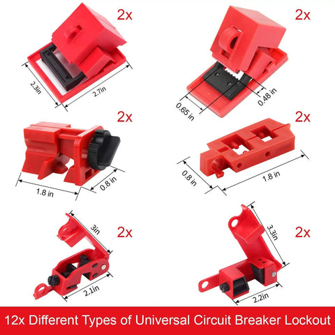 12 types of circuit breaker lockout tools from Lockout Tagout Kit With Top Notch Heavy Duty Padlocks Hasps Breakers And Valve LOTO Tools Cable And Plug LOTO 47 Component Toolbox Set For Electric Safety Maintenance And Repair On The Job, various sizes shown